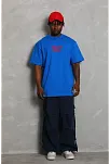 Erkek Baskılı Tişört Kısa Kol Bisiklet Yaka Oversize T-shirt - Mavi