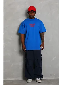Erkek Baskılı Tişört Kısa Kol Bisiklet Yaka Oversize T-shirt - Mavi