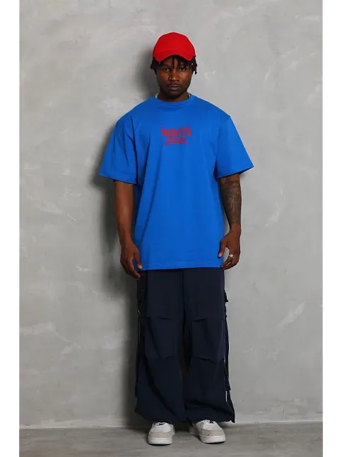 Erkek Baskılı Tişört Kısa Kol Bisiklet Yaka Oversize T-shirt - Mavi