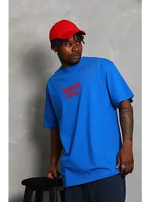 Erkek Baskılı Tişört Kısa Kol Bisiklet Yaka Oversize T-shirt - Mavi