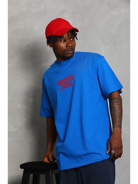 Erkek Baskılı Tişört Kısa Kol Bisiklet Yaka Oversize T-shirt - Mavi