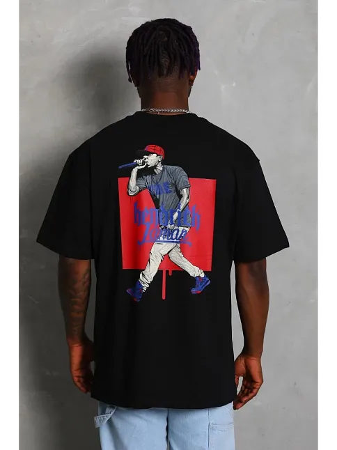 Erkek Baskılı Tişört Kısa Kol Bisiklet Yaka Oversize T-shirt - - Siyah