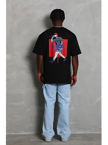 Erkek Baskılı Tişört Kısa Kol Bisiklet Yaka Oversize T-shirt - - Siyah