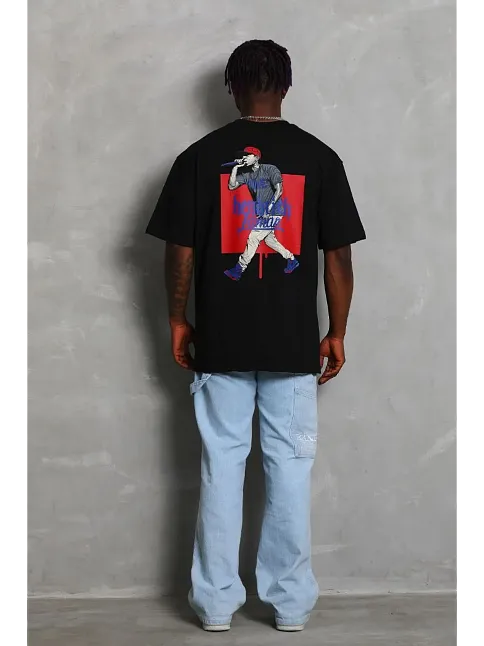 Erkek Baskılı Tişört Kısa Kol Bisiklet Yaka Oversize T-shirt - - Siyah