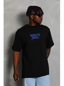 Erkek Baskılı Tişört Kısa Kol Bisiklet Yaka Oversize T-shirt - - Siyah