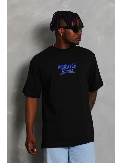 Erkek Baskılı Tişört Kısa Kol Bisiklet Yaka Oversize T-shirt - - Siyah
