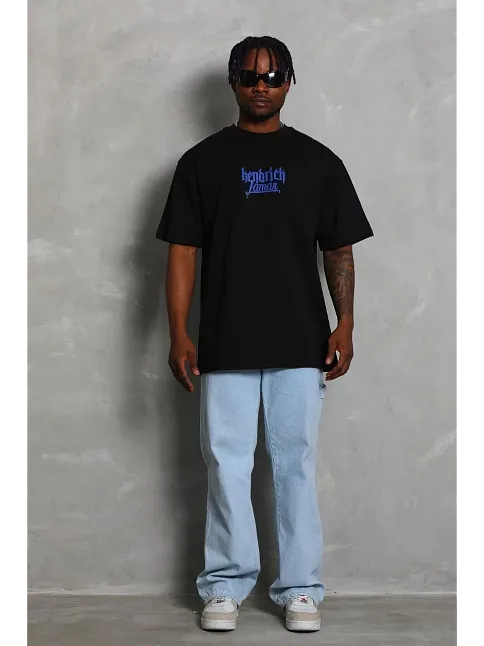 Erkek Baskılı Tişört Kısa Kol Bisiklet Yaka Oversize T-shirt - - Siyah