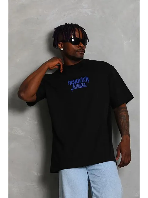Erkek Baskılı Tişört Kısa Kol Bisiklet Yaka Oversize T-shirt - - Siyah