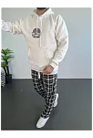 Erkek 3 İplik Pamuklu Kapüşonlu Baskılı Cepli Oversize Sweatshirt Hoodie - Beyaz