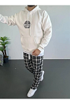 Erkek 3 İplik Pamuklu Kapüşonlu Baskılı Cepli Oversize Sweatshirt Hoodie - Beyaz