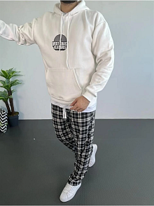 Erkek 3 İplik Pamuklu Kapüşonlu Baskılı Cepli Oversize Sweatshirt Hoodie - Beyaz