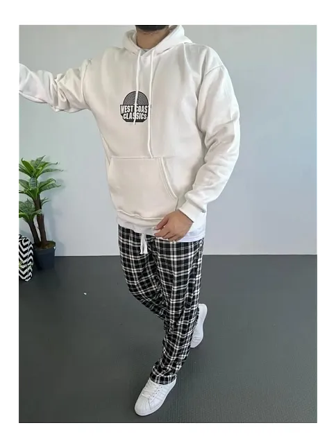 Erkek 3 İplik Pamuklu Kapüşonlu Baskılı Cepli Oversize Sweatshirt Hoodie - Beyaz