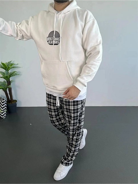 Erkek 3 İplik Pamuklu Kapüşonlu Baskılı Cepli Oversize Sweatshirt Hoodie - Beyaz