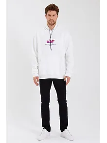 Erkek 3 İplik Pamuklu Kapüşonlu Baskılı Cepli Oversize Sweatshirt Hoodie - Beyaz