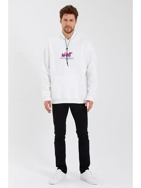 Erkek 3 İplik Pamuklu Kapüşonlu Baskılı Cepli Oversize Sweatshirt Hoodie - Beyaz
