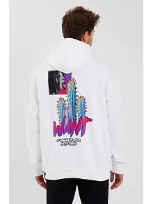 Erkek 3 İplik Pamuklu Kapüşonlu Baskılı Cepli Oversize Sweatshirt Hoodie - Beyaz