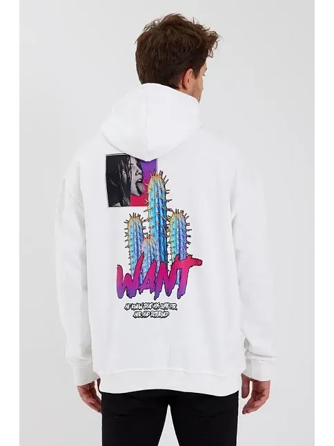 Erkek 3 İplik Pamuklu Kapüşonlu Baskılı Cepli Oversize Sweatshirt Hoodie - Beyaz