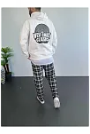 Erkek 3 İplik Pamuklu Kapüşonlu Baskılı Cepli Oversize Sweatshirt Hoodie - Beyaz