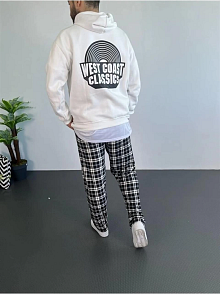 Erkek 3 İplik Pamuklu Kapüşonlu Baskılı Cepli Oversize Sweatshirt Hoodie - Beyaz