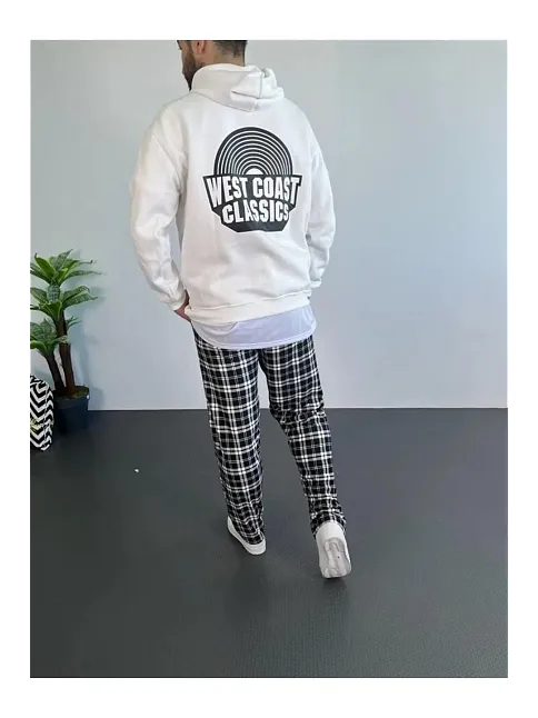 Erkek 3 İplik Pamuklu Kapüşonlu Baskılı Cepli Oversize Sweatshirt Hoodie - Beyaz