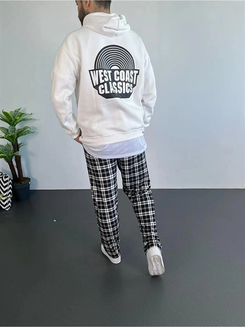 Erkek 3 İplik Pamuklu Kapüşonlu Baskılı Cepli Oversize Sweatshirt Hoodie - Beyaz