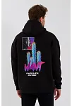 Erkek 3 İplik Pamuklu Kapüşonlu Baskılı Cepli Oversize Sweatshirt Hoodie - Siyah