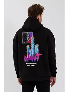Erkek 3 İplik Pamuklu Kapüşonlu Baskılı Cepli Oversize Sweatshirt Hoodie - Siyah