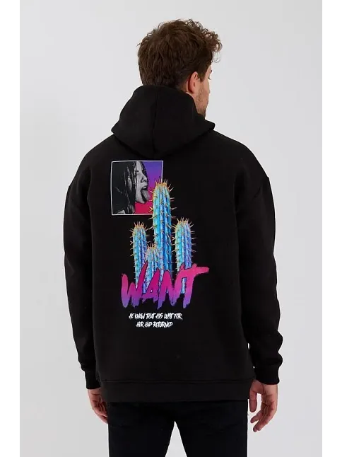 Erkek 3 İplik Pamuklu Kapüşonlu Baskılı Cepli Oversize Sweatshirt Hoodie - Siyah