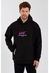 Erkek 3 İplik Pamuklu Kapüşonlu Baskılı Cepli Oversize Sweatshirt Hoodie - Siyah