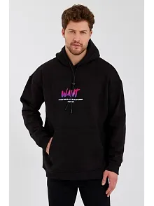 Erkek 3 İplik Pamuklu Kapüşonlu Baskılı Cepli Oversize Sweatshirt Hoodie - Siyah