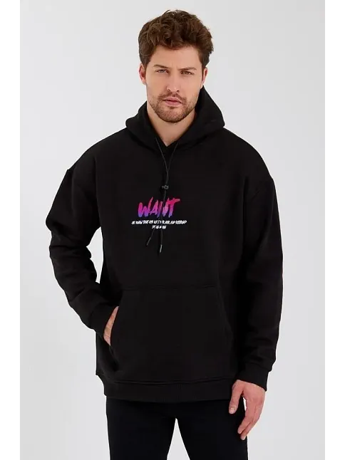 Erkek 3 İplik Pamuklu Kapüşonlu Baskılı Cepli Oversize Sweatshirt Hoodie - Siyah