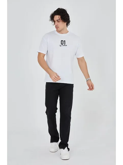 Erkek Baskılı T-shirt Kısa Kol Bisiklet Yaka Regular Fit Rahat Kalıp Günlük Tişört - Beyaz