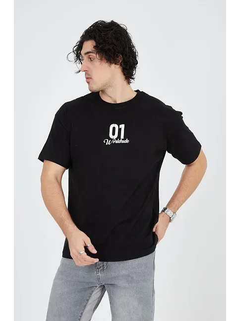 Erkek Baskılı T-shirt Kısa Kol Bisiklet Yaka Regular Fit Rahat Kalıp Günlük Tişört - Siyah