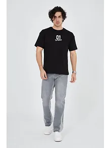 Erkek Baskılı T-shirt Kısa Kol Bisiklet Yaka Regular Fit Rahat Kalıp Günlük Tişört - Siyah
