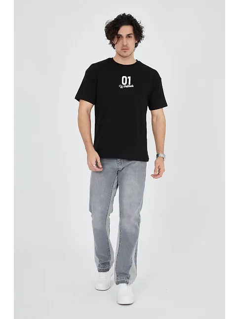 Erkek Baskılı T-shirt Kısa Kol Bisiklet Yaka Regular Fit Rahat Kalıp Günlük Tişört - Siyah