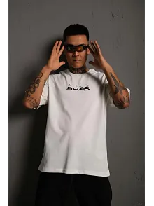 Erkek Kısa Kol Yazlık Tişört Bisiklet Yaka Baskılı Oversize T-shirt - Beyaz