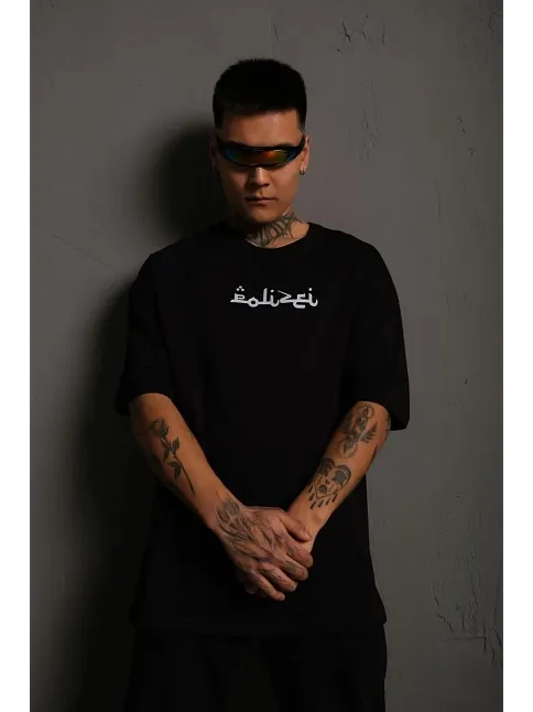Erkek Kısa Kol Yazlık Tişört Bisiklet Yaka Baskılı Oversize T-shirt - Siyah