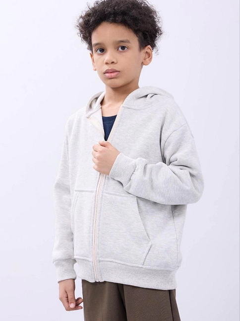 Erkek Çocuk Kapüşonlu Kanguru Cepli Tam Fermuarlı Hırka Sweatshirt - Gri