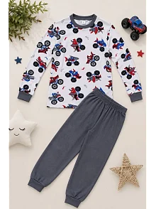 Erkek Çocuk Premium Penye Canavar Araba Desenli Uzun Kollu Pijama Takımı 2-11 Yaş - Füme