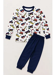 Erkek Çocuk Premium Penye İş Makinesi Desenli Uzun Kollu Pijama Takımı 2-11 Yaş - Lacivert