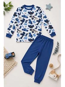 Erkek Çocuk Premium Penye İş Makinesi Desenli Uzun Kollu Pijama Takımı 2-11 Yaş - Mavi