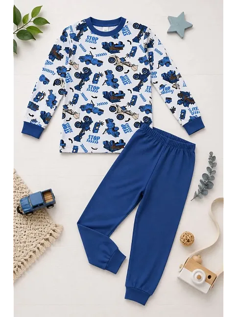 Erkek Çocuk Premium Penye İş Makinesi Desenli Uzun Kollu Pijama Takımı 2-11 Yaş - Mavi Erkek Çocuk Premium Penye İş Makinesi Desenli Uzun Kollu Pijama Takımı 2-11 Yaş - Mavi