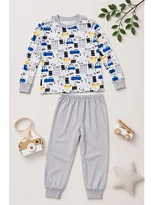 Erkek Çocuk Premium Penye Uzun Kollu Desenli Pijama Takımı 2-11 Yaş - Gri