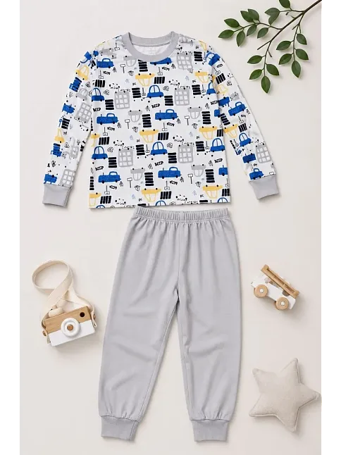 Erkek Çocuk Premium Penye Uzun Kollu Desenli Pijama Takımı 2-11 Yaş - Gri Erkek Çocuk Premium Penye Uzun Kollu Desenli Pijama Takımı 2-11 Yaş - Gri