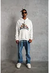 Erkek 3 İplik Pamuklu Kapüşonlu Baskılı Cepli Oversize Sweatshirt Hoodie - Beyaz
