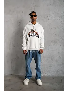Erkek 3 İplik Pamuklu Kapüşonlu Baskılı Cepli Oversize Sweatshirt Hoodie - Beyaz