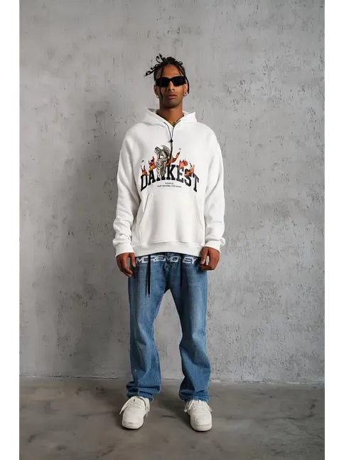 Erkek 3 İplik Pamuklu Kapüşonlu Baskılı Cepli Oversize Sweatshirt Hoodie - Beyaz