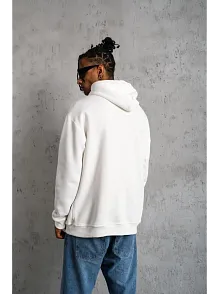 Erkek 3 İplik Pamuklu Kapüşonlu Baskılı Cepli Oversize Sweatshirt Hoodie - Beyaz
