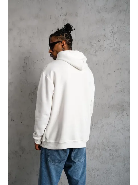Erkek 3 İplik Pamuklu Kapüşonlu Baskılı Cepli Oversize Sweatshirt Hoodie - Beyaz