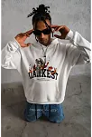 Erkek 3 İplik Pamuklu Kapüşonlu Baskılı Cepli Oversize Sweatshirt Hoodie - Beyaz